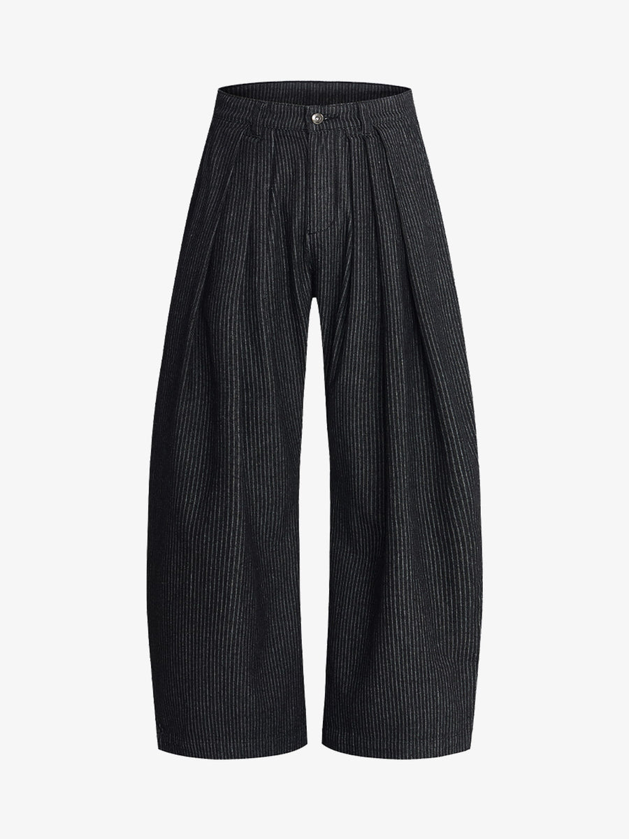 Vintage Pinstripe Pleated Wide-Leg Barrel Pants; Black / S, Black / M, Black / L, Black / XL, Black / 2XL