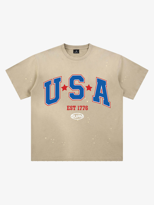 T-shirt délavé à motif éclaboussures USA