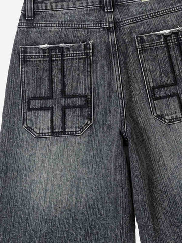 Ripped Letter Wide-Leg Denim Shorts