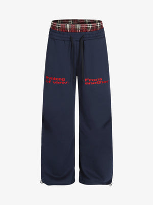 Wide-Leg Lounge Pants with Plaid Waistband and Stylish Lettering 