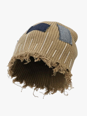 Distressed Denim Patchwork Beanie 