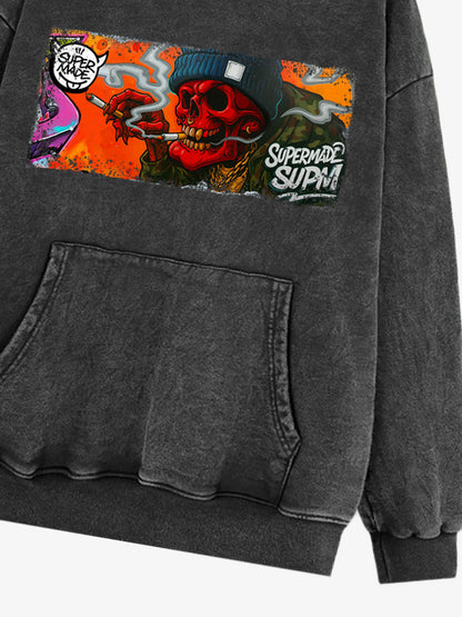 Thesupermade Distressed Blood-red Skull Graffiti Hooded Sweatshirt 