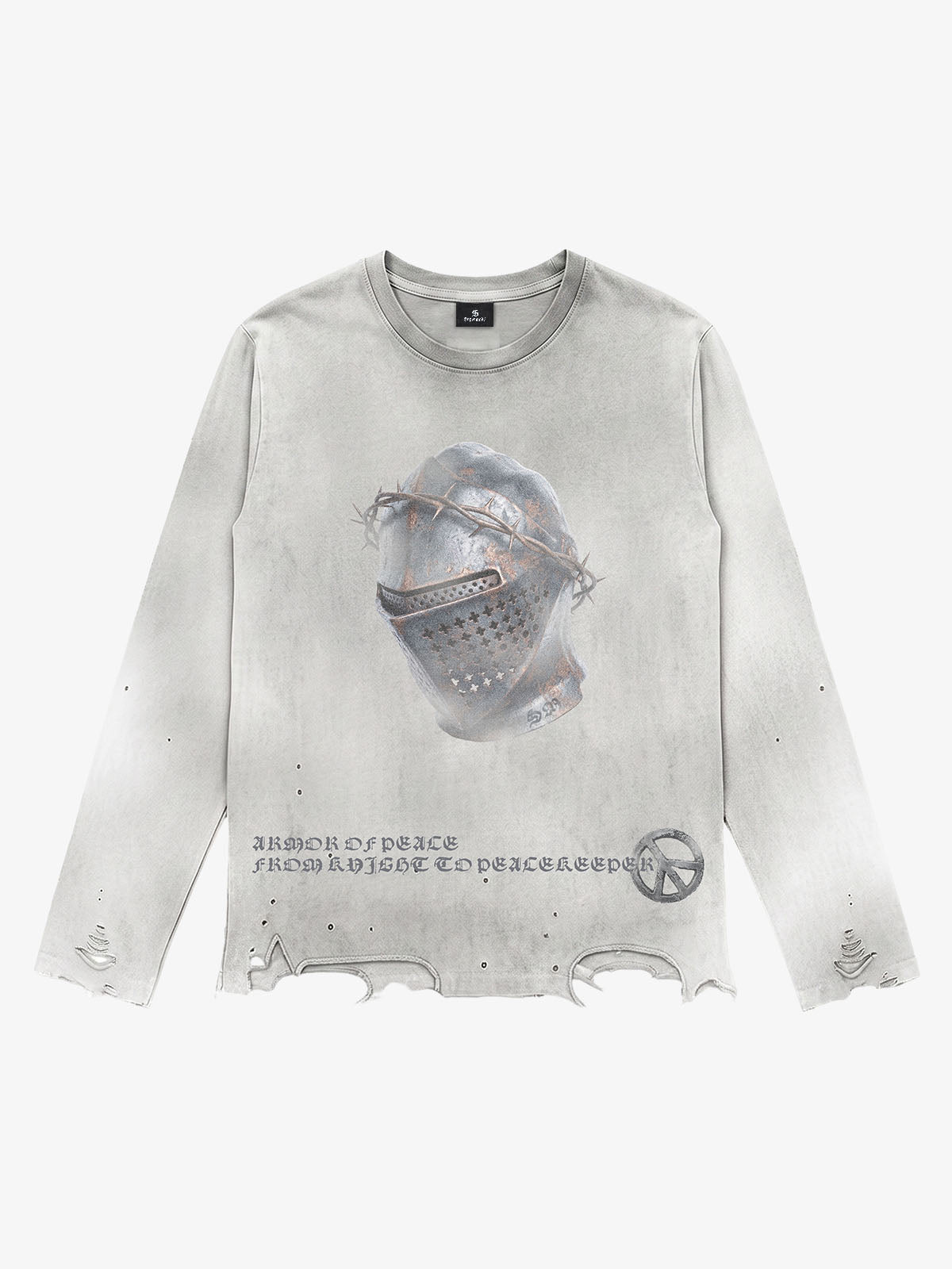 Medieval Helmet Graphic Distressed Long Sleeve Tee