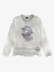Medieval Helmet Graphic Distressed Long Sleeve Tee