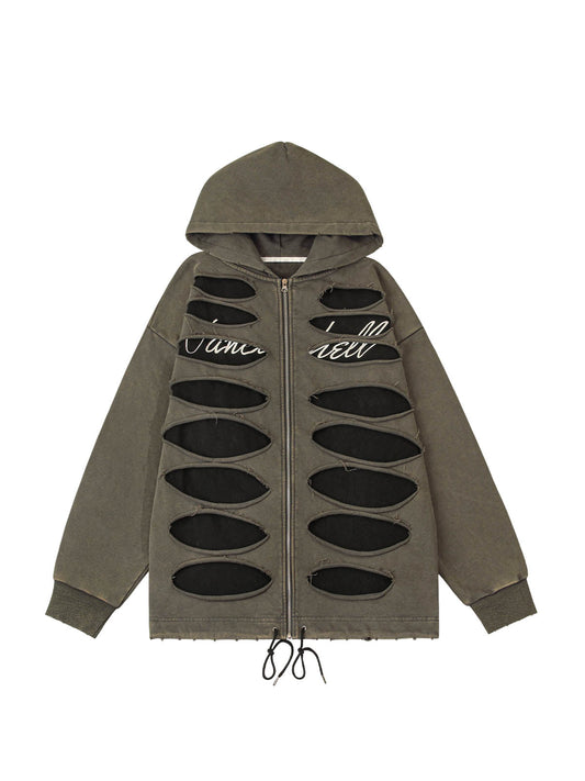 Thesupermade Ripped Drawstring Hooded Zip Up Sweatshirt 