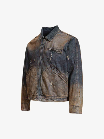 Vintage Washed Distressed Denim Zip Up Jacket