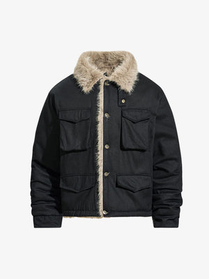 Camouflage Faux Fur Collar Multi-Pocket Utility Jacket 