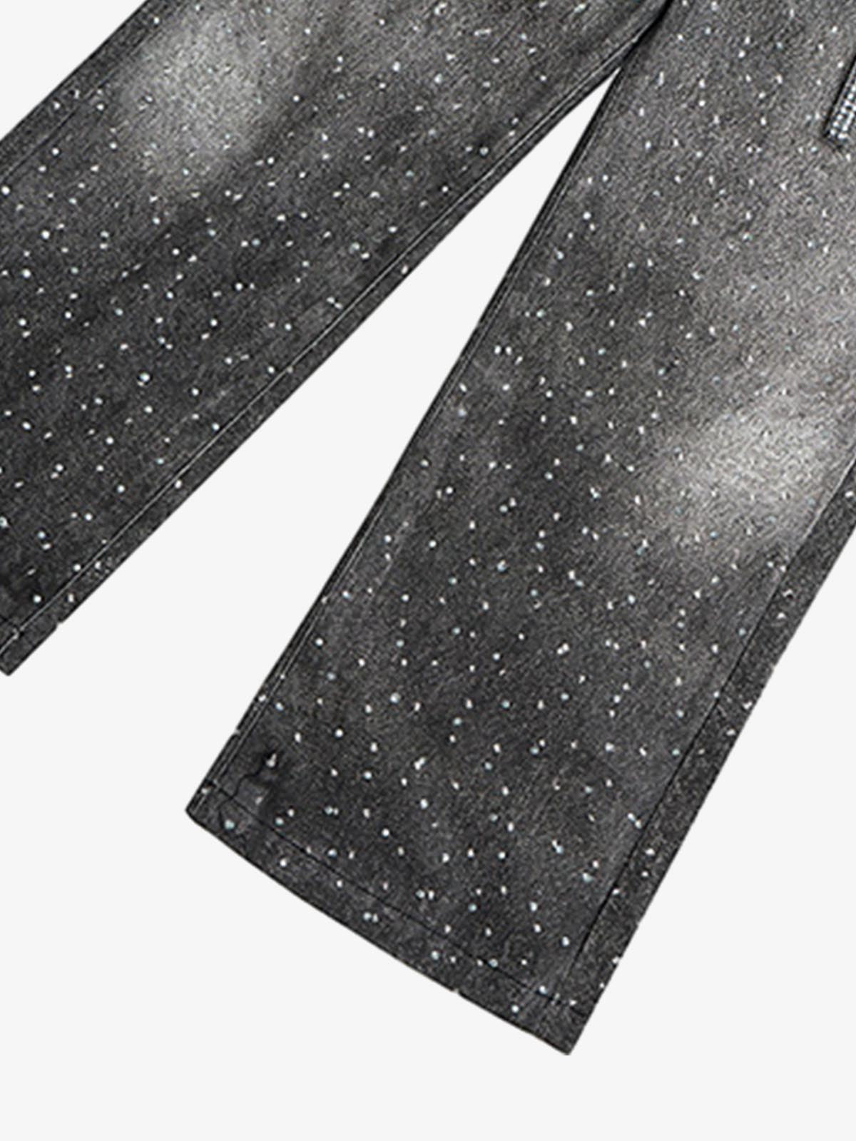 Denim Distressed Belt Diamond Decorated Jeans 