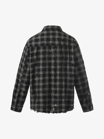 Ripped Plaid Cotton Long Sleeve Shirt for Men - Distressed Checkered Button-Up Casual overshirt 