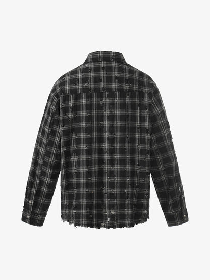 Ripped Plaid Cotton Long Sleeve Shirt for Men - Distressed Checkered Button-Up Casual overshirt 