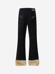 Studded Zip Faux-Fur Patchwork Flared Pants