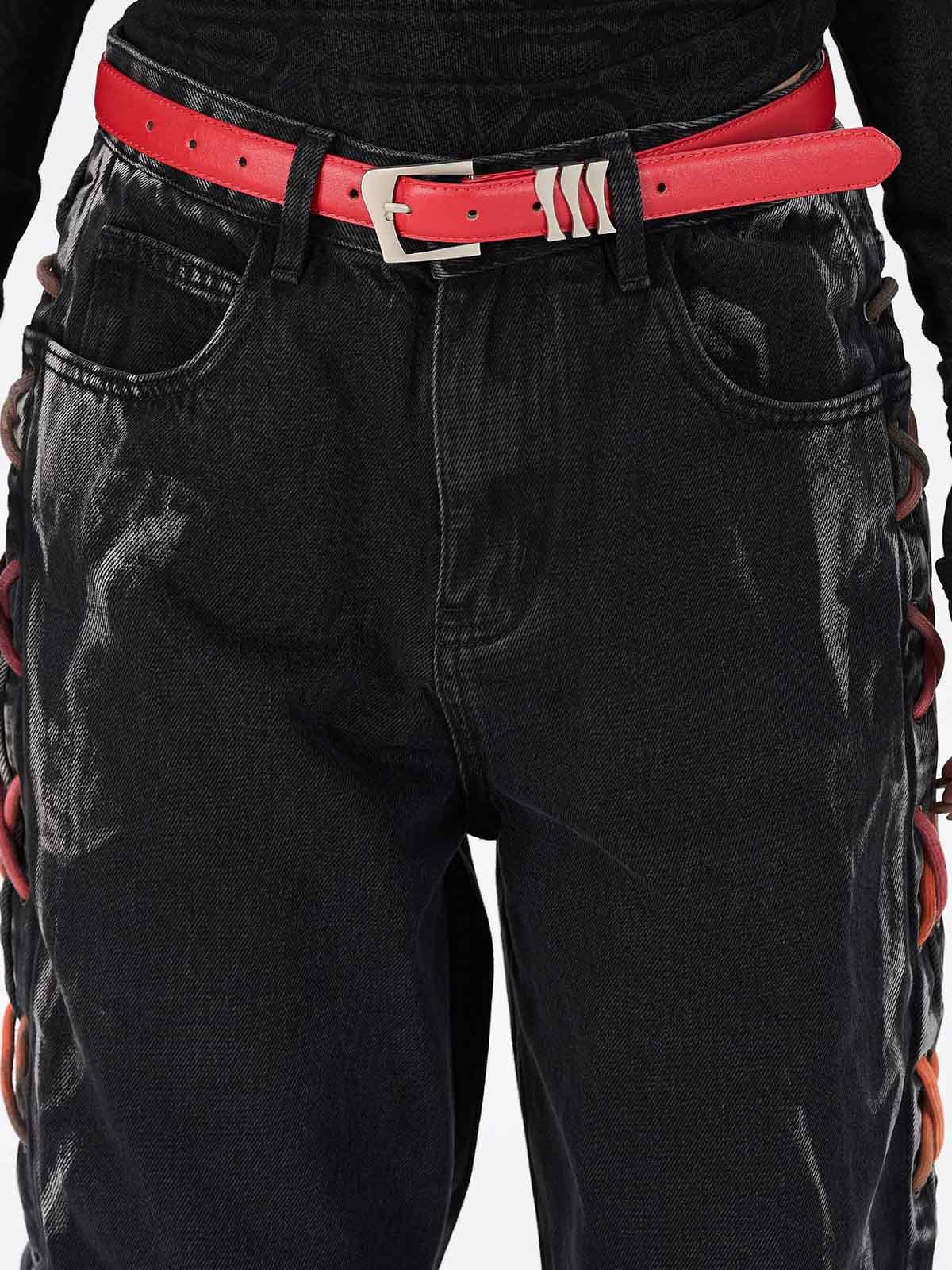 Retro Colorful Lace-Up Side Panel Spray-Washed Wide Leg Jeans 