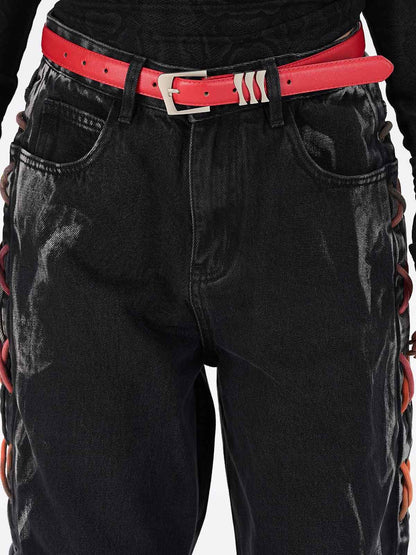 Retro Colorful Lace-Up Side Panel Spray-Washed Wide Leg Jeans 