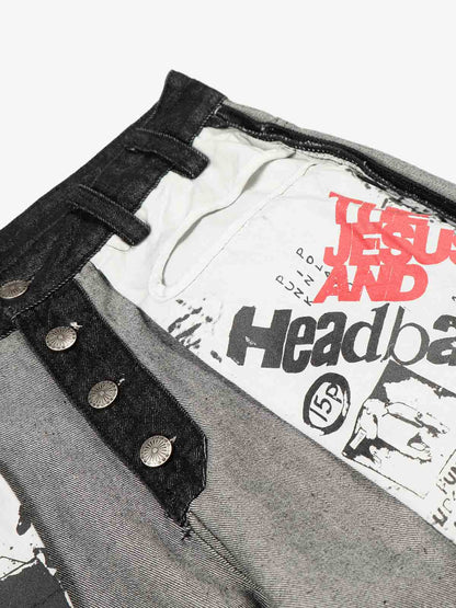 Distressed Reverse Design Large Pocket Printed Jeans 