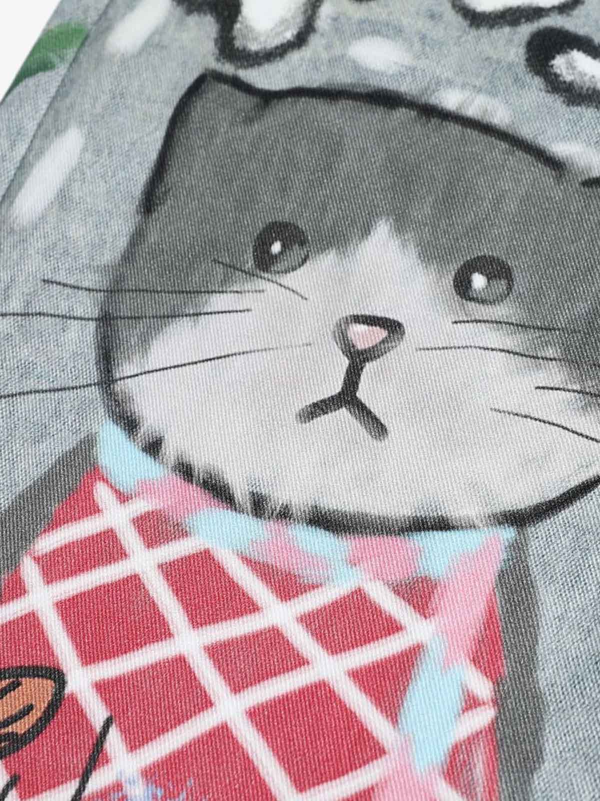 Denim Painted Animal Print Wide Leg Jeans with Cartoon Cat Dog Design 