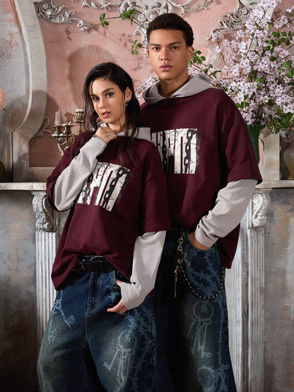 SUPM Chain Print Color Block Faux Two-Piece Hooded Long-Sleeve T-Shirt 