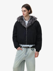 Studded Hooded Faux-Fur Collar Padded Coat