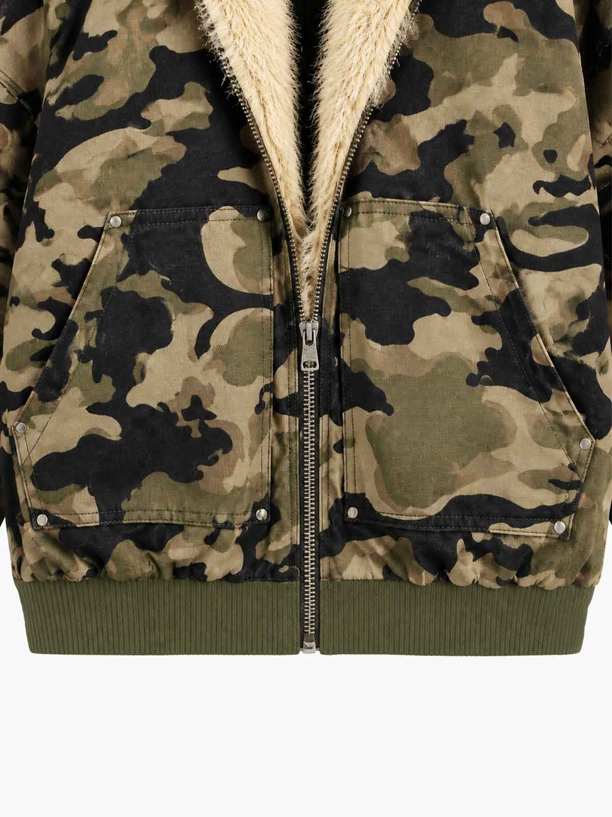 Camo Faux-Fur Trim Bomber Coat