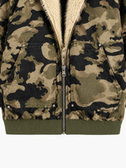Camo Faux-Fur Trim Bomber Coat