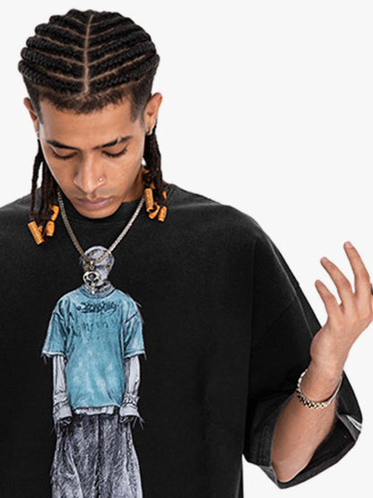 300G Jade Pattern Dyed Cotton Oversized T-Shirt with Skeleton Graphic Print Streetwear 