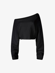 Off-Shoulder Raw Edge Cropped Long Sleeve Tee