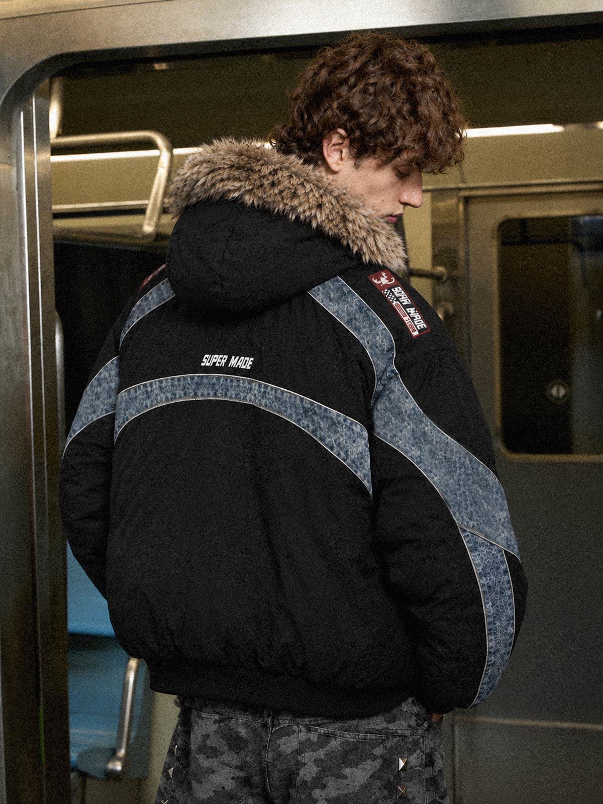 Denim Panel Hooded Padded Coats