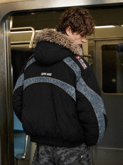 Denim Panel Hooded Padded Coats