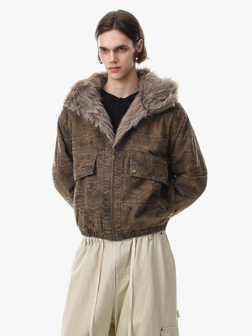 Distressed Faux-Fur Trim Hooded Utility Coat