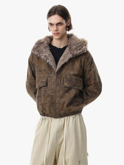 Distressed Faux-Fur Trim Hooded Utility Coat