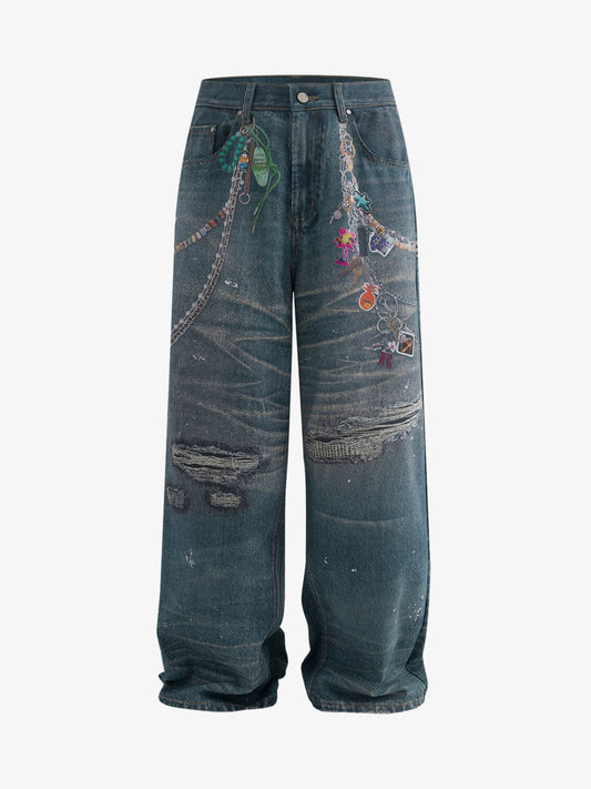 RO Chain Hole 3D Printed Baggy Jeans 