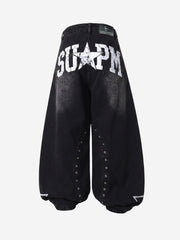 Hand-Painted Graphic Distressed Wide-Leg Jeans