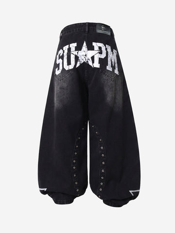 Hand-Painted Graphic Distressed Wide-Leg Jeans