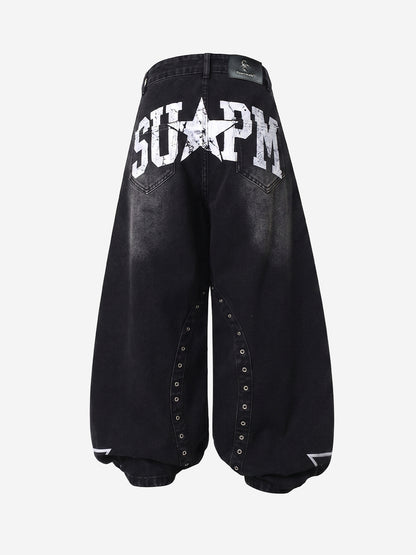 Hand-Painted Graphic Distressed Wide-Leg Jeans