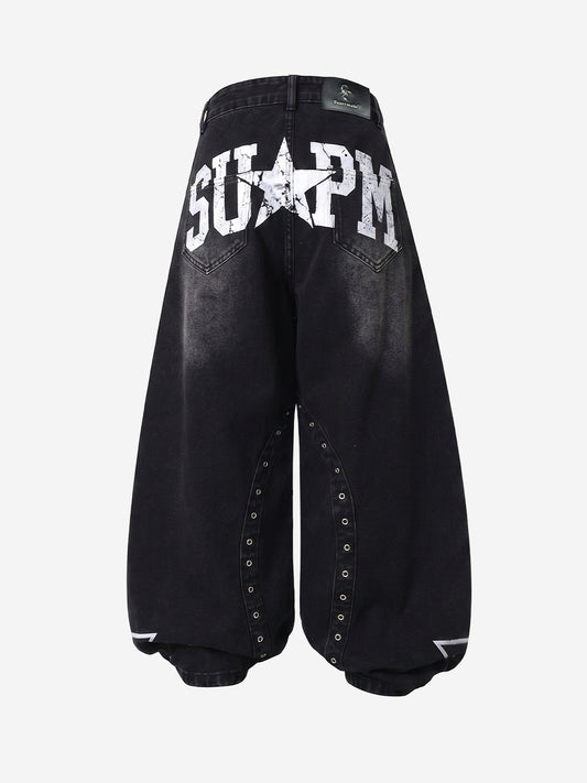 Hand-Painted Graphic Distressed Wide-Leg Jeans