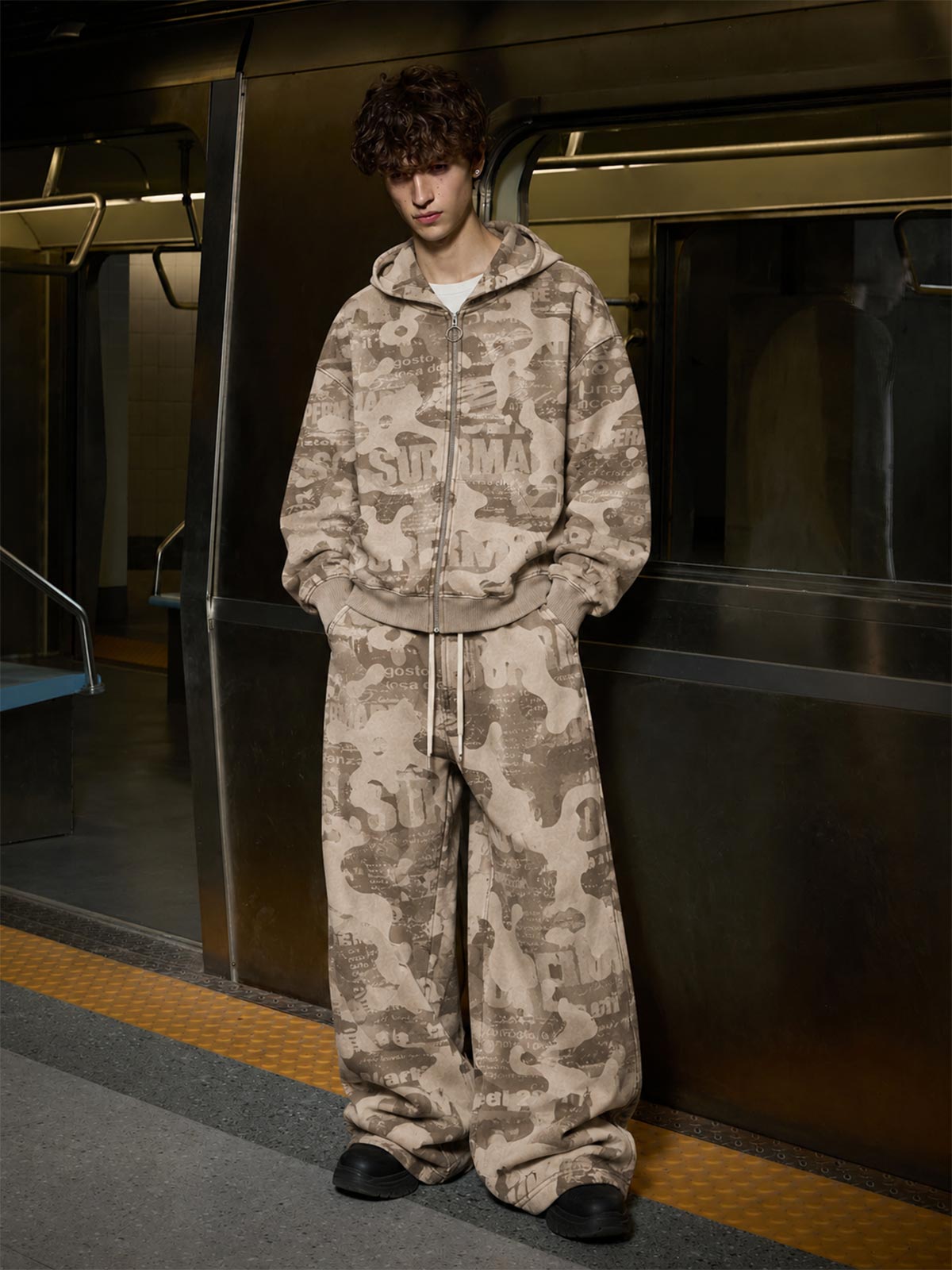 Distressed Camo Zip Hoodie & Wide-Leg Sweatpants Set