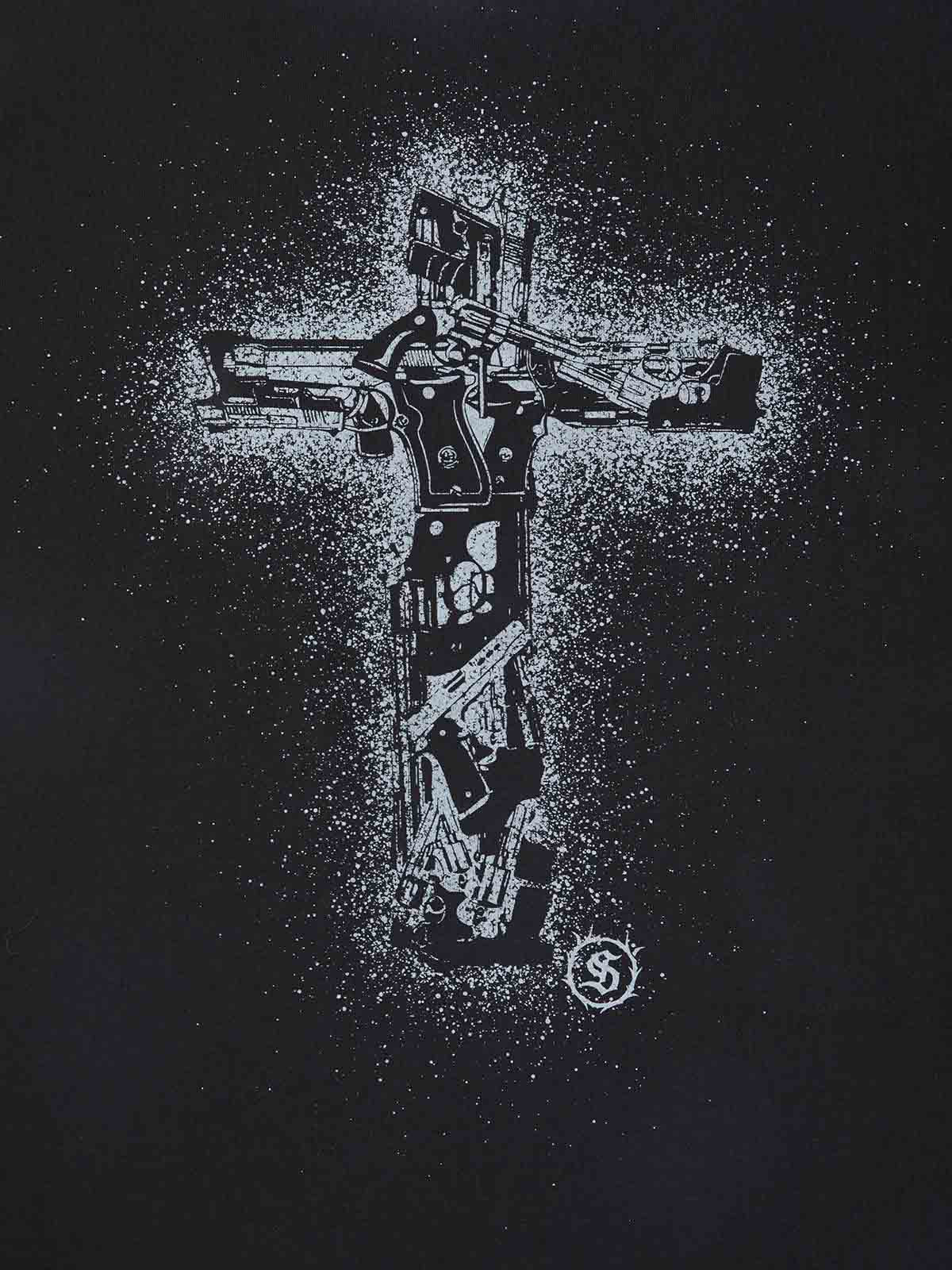 Supermade Distressed Rebellious Gun and Cross Print T-Shirt 
