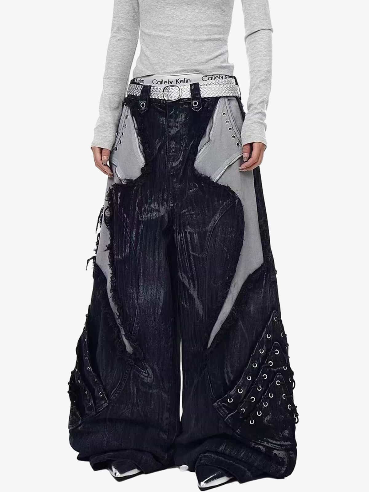 Retro Distressed Studded Heavy-Duty Functional Jeans 