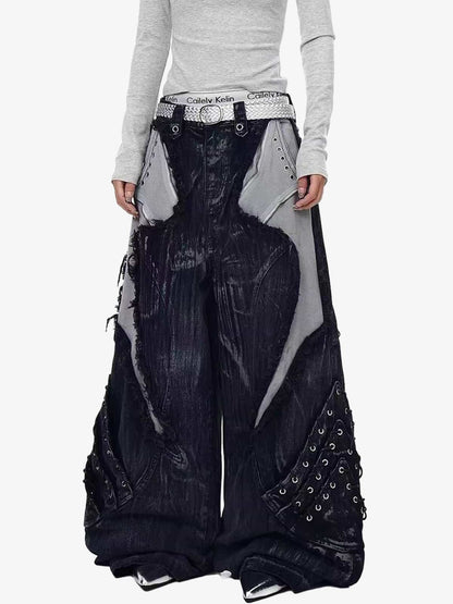 Retro Distressed Studded Heavy-Duty Functional Jeans 