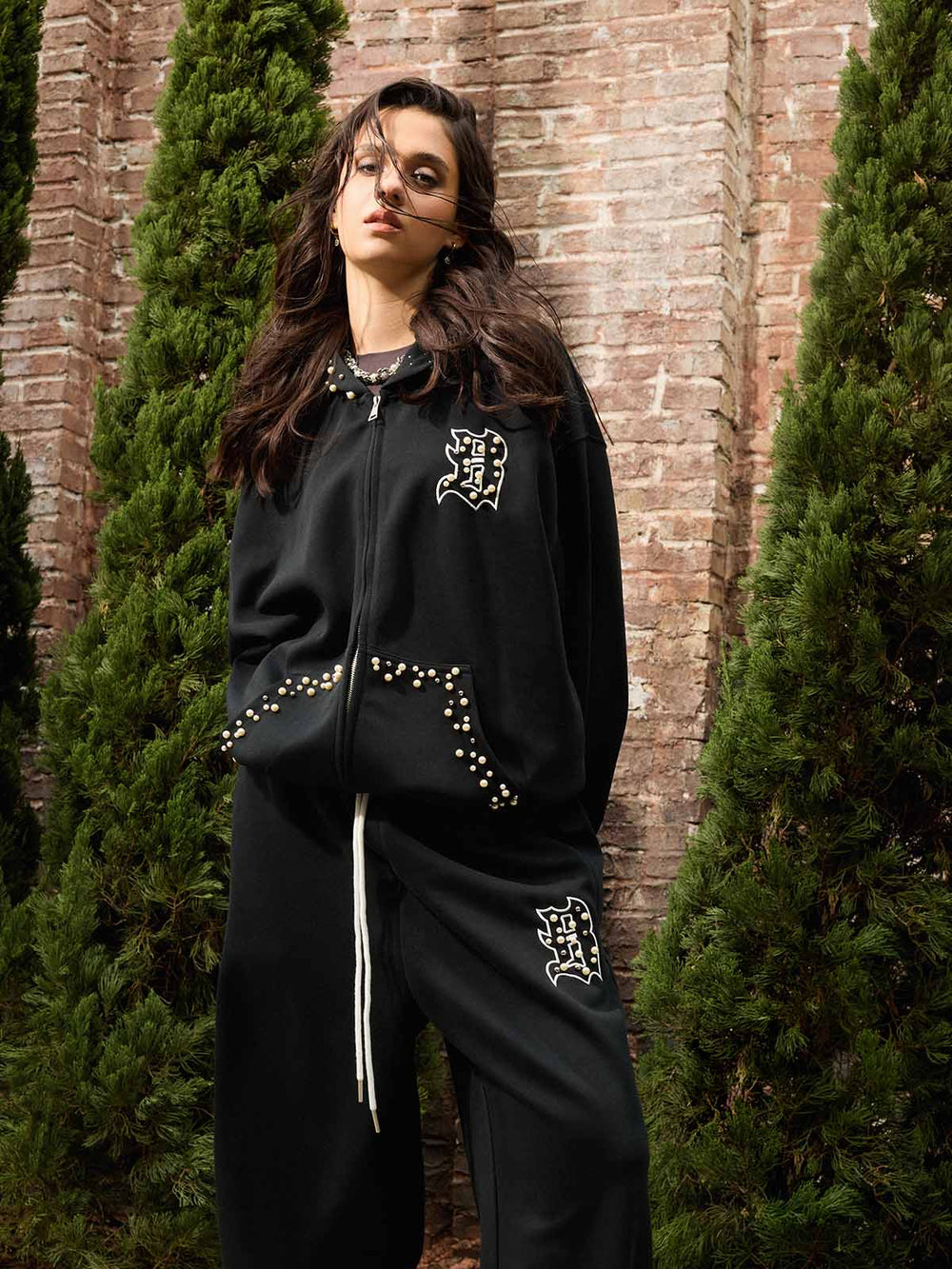 Cotton Blend Embroidered Pearl Detail Track Jacket with Zip Front and Hood 