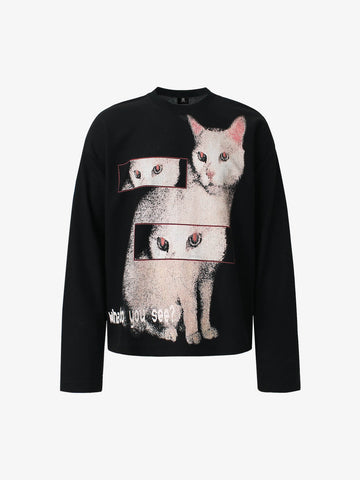 Cat Print Long-Sleeved T-Shirt 