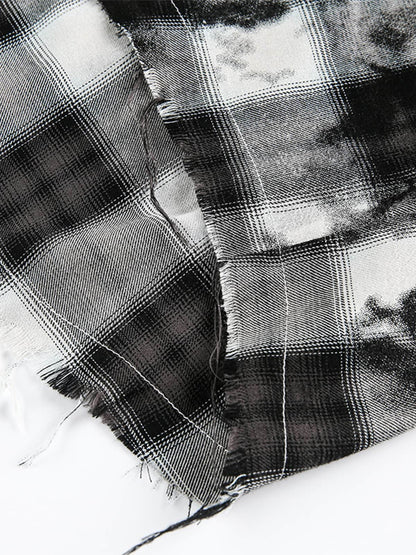 Washed Cotton Plaid Long Sleeve Shirt with Distressed Pattern and Chest Pocket 