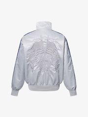 Butterfly Embroidered Leopard-Trim Satin Zip Jacket