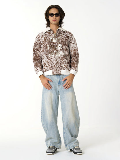 “Born to Make History” Slogan Embroidered Snow Leopard Fleece Jacket 