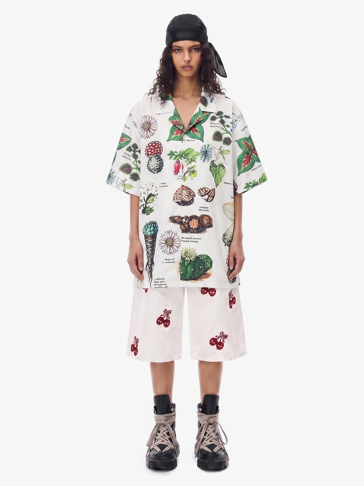 Vintage Succulent Botanical Print Camp Collar Boxy Shirt 
