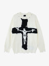 Cross Jacquard Ripped Long Sleeve Sweater