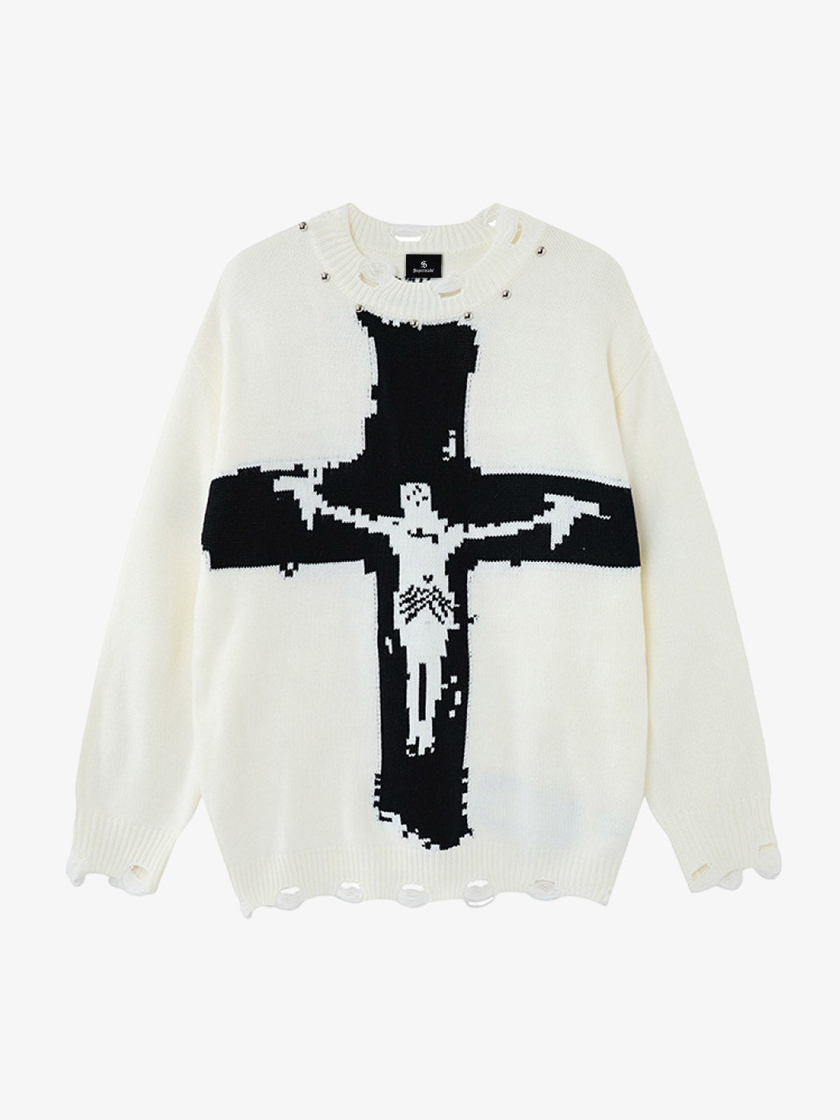 Cross Jacquard Ripped Long Sleeve Sweater
