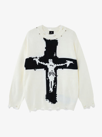 Cross Jacquard Ripped Long Sleeve Sweater