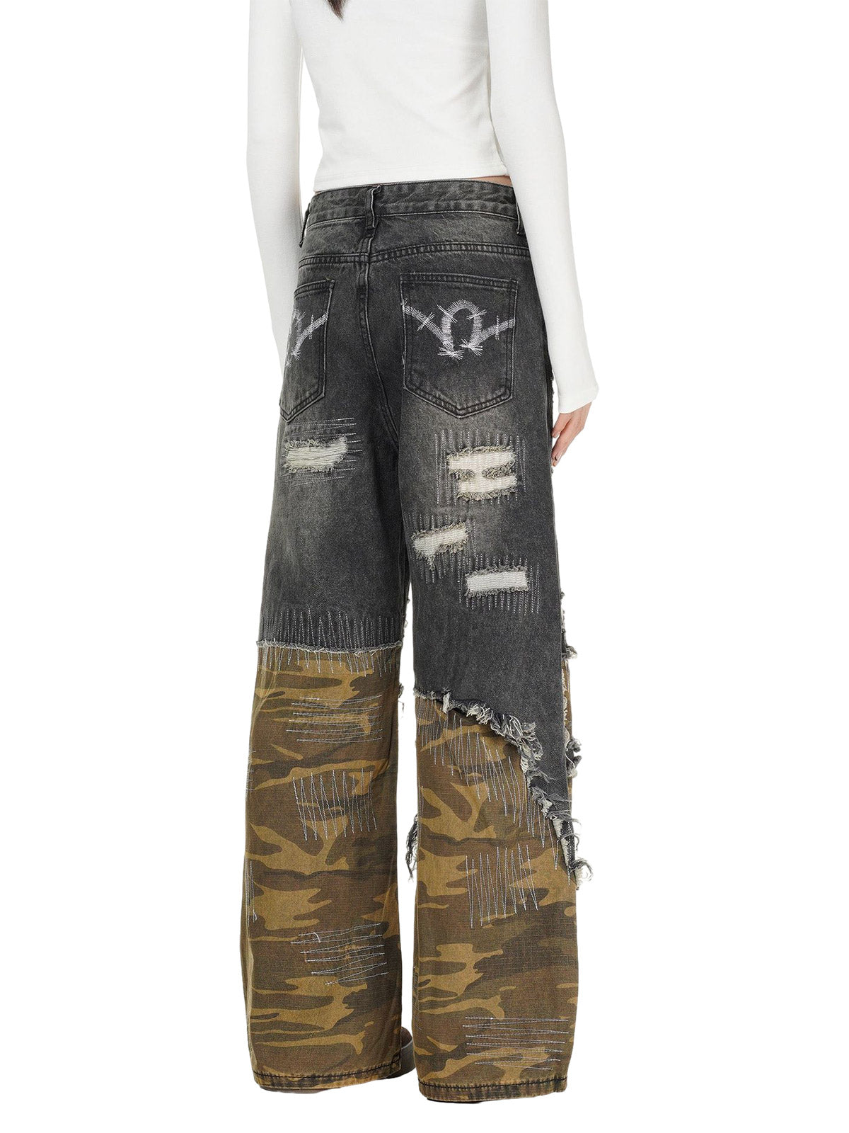Distressed Camouflage Patchwork Jeans 