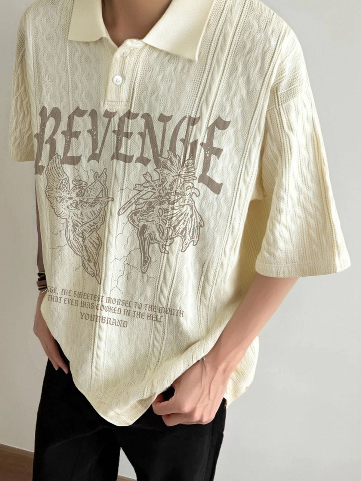 Retro Letter Print Lapel Short Sleeve Polo Shirt 