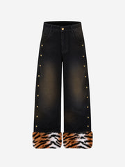 Tiger-Stripe Faux-Fur Straight-Leg Jeans